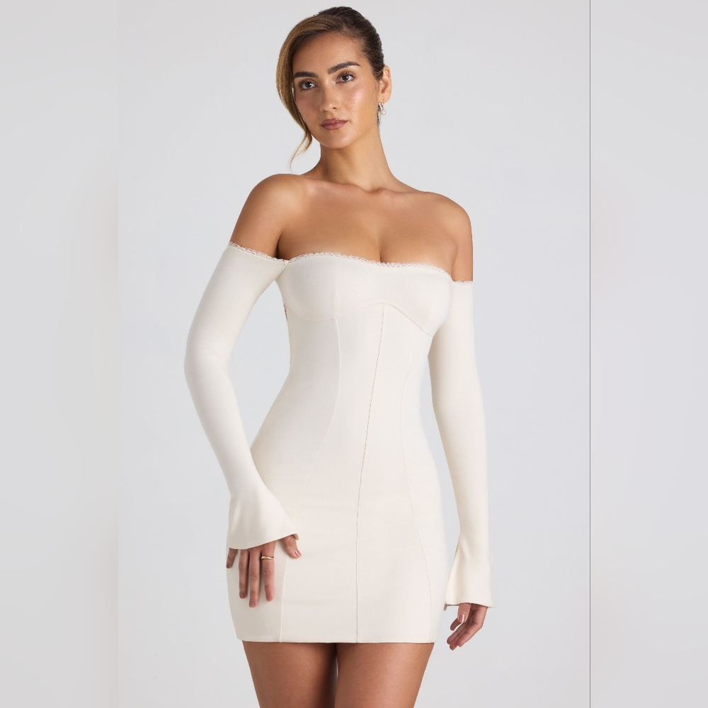 Oh Polly NWT Modal Suki Ivory Lace Lined Off-Shoulder Modal Dress